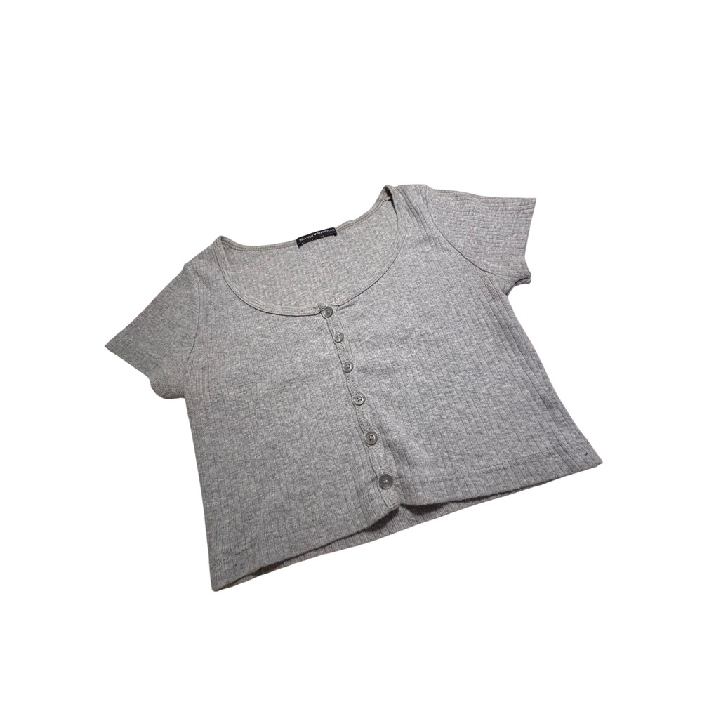Brandy Melville Women Gray Ribbed Short Sleeve Cropped Button Front Top- OS